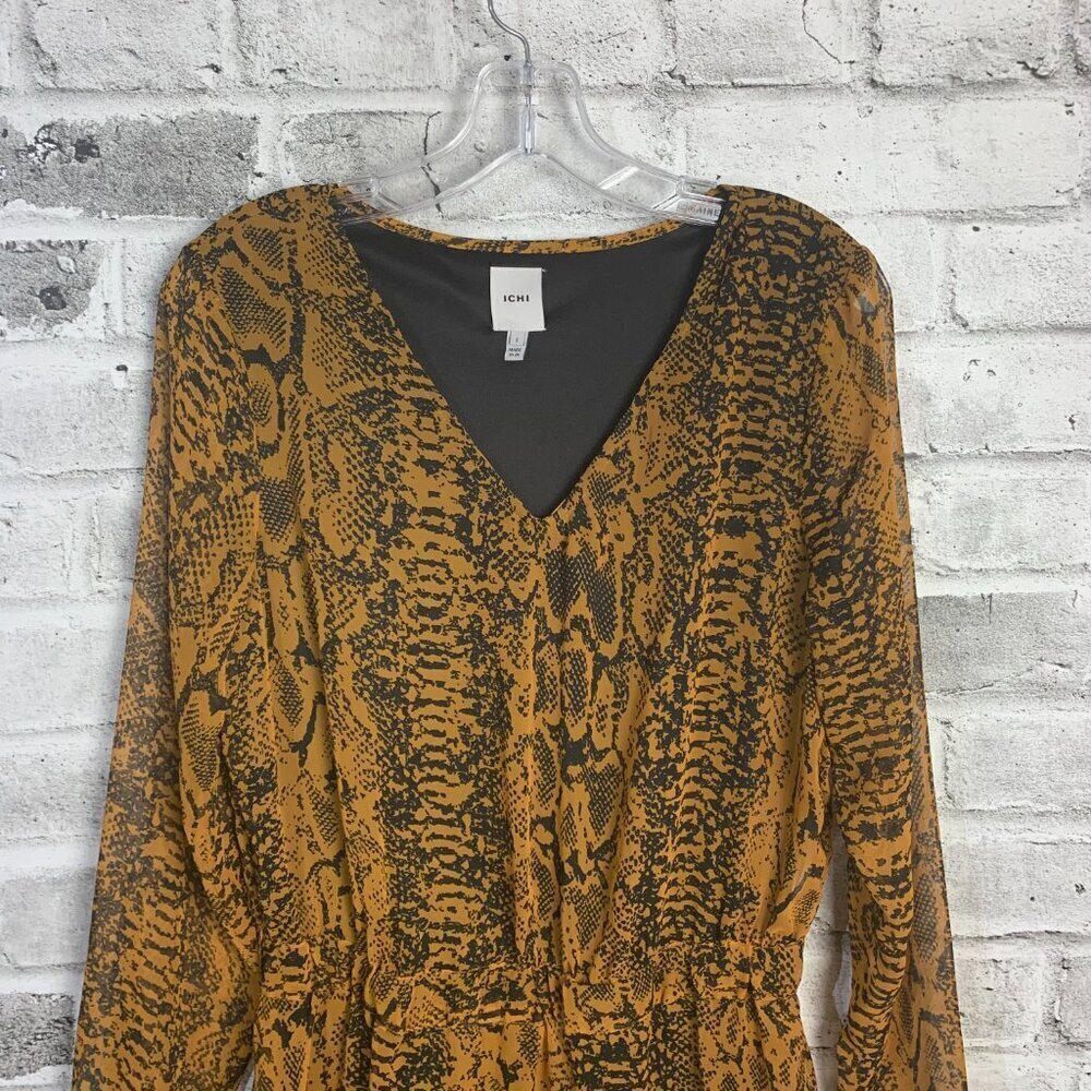 Ichi Day Dress Snakeskin Print Flowy Sheer Chiffon V-Neck Long Sleeve - Picture 2 of 12